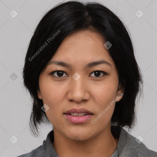 Joyful asian young-adult female with medium  black hair and brown eyes