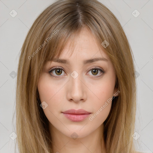 Neutral white young-adult female with long  brown hair and brown eyes