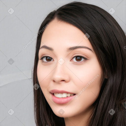 Joyful white young-adult female with long  black hair and brown eyes