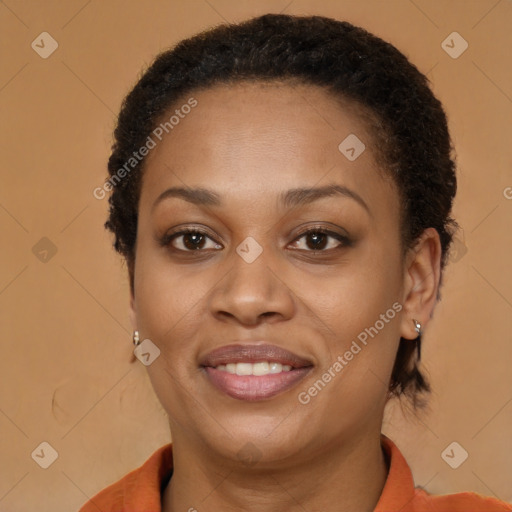 Joyful latino young-adult female with short  brown hair and brown eyes