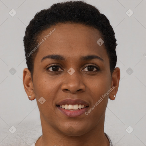 Joyful black young-adult female with short  brown hair and brown eyes