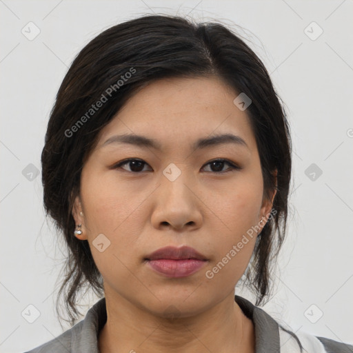 Neutral asian young-adult female with medium  black hair and brown eyes