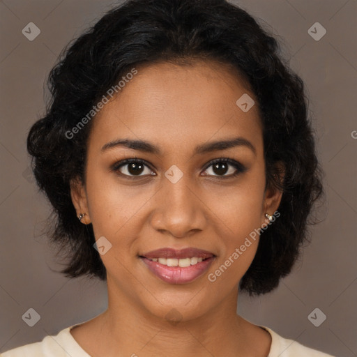 Joyful black young-adult female with medium  brown hair and brown eyes