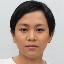 Neutral asian young-adult female with short  brown hair and brown eyes