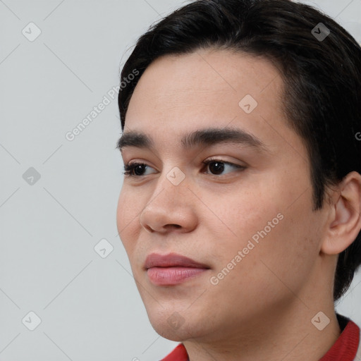 Neutral white young-adult male with short  black hair and brown eyes