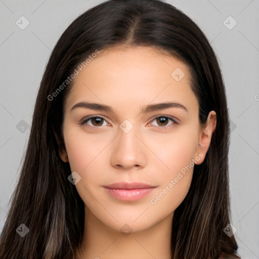 Neutral white young-adult female with long  brown hair and brown eyes