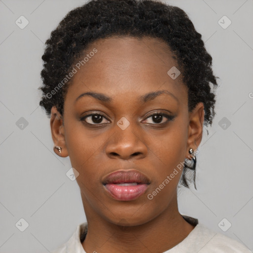 Neutral black young-adult female with short  black hair and brown eyes