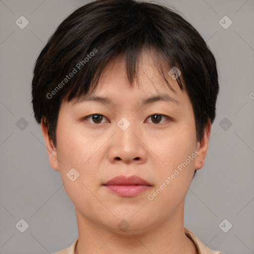 Joyful asian young-adult female with short  brown hair and brown eyes