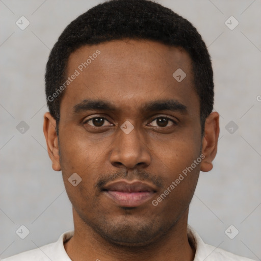 Neutral latino young-adult male with short  brown hair and brown eyes