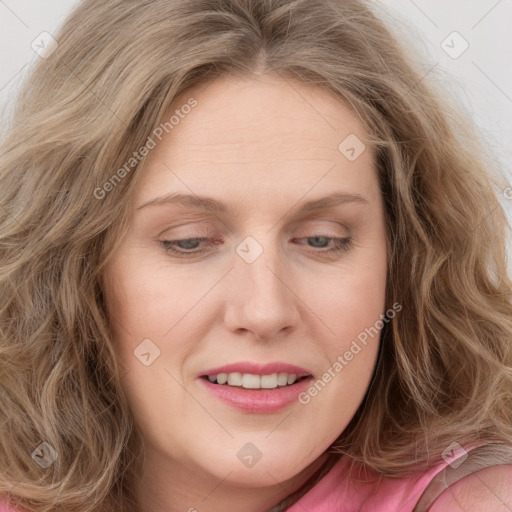 Joyful white young-adult female with long  brown hair and blue eyes