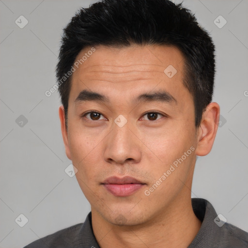 Neutral asian young-adult male with short  black hair and brown eyes