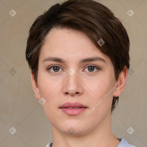 Neutral white young-adult female with short  brown hair and brown eyes