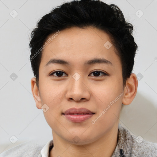 Joyful asian young-adult female with short  brown hair and brown eyes