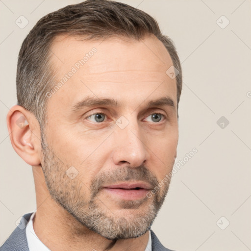 Neutral white adult male with short  brown hair and brown eyes