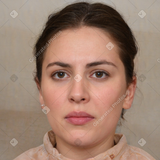 Neutral white young-adult female with medium  brown hair and brown eyes