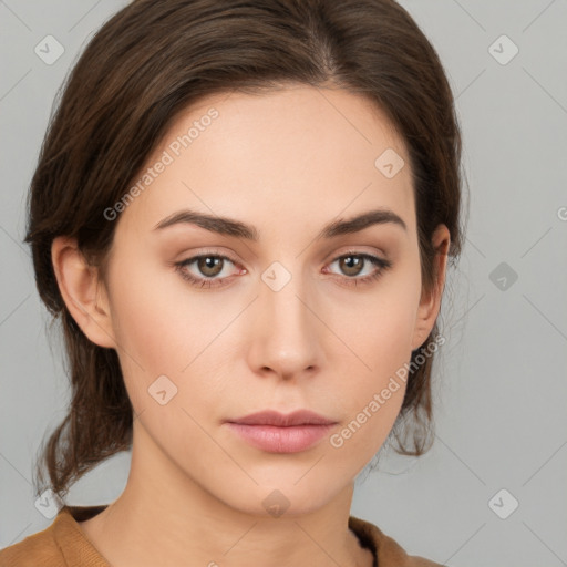 Neutral white young-adult female with medium  brown hair and brown eyes