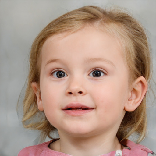 Joyful white child female with medium  brown hair and blue eyes