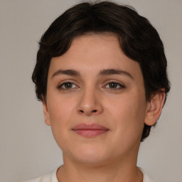 Neutral white young-adult female with short  brown hair and brown eyes