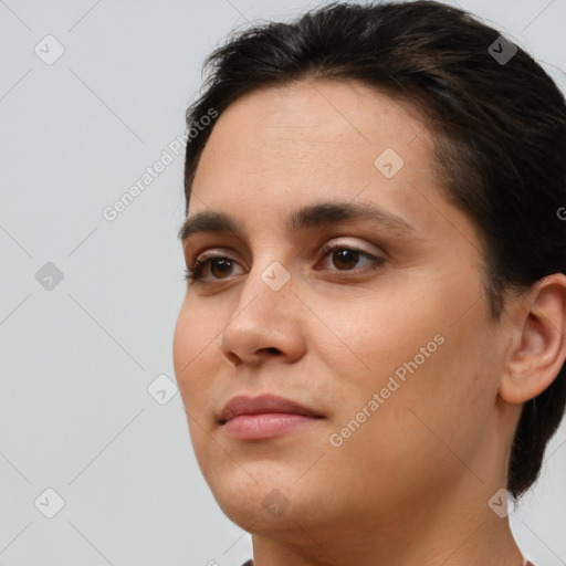 Neutral white young-adult female with short  brown hair and brown eyes