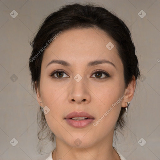 Neutral asian young-adult female with medium  brown hair and brown eyes