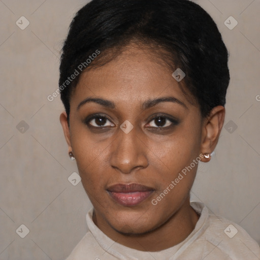 Neutral black young-adult female with short  black hair and brown eyes