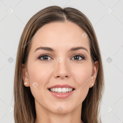 Joyful white young-adult female with long  brown hair and grey eyes