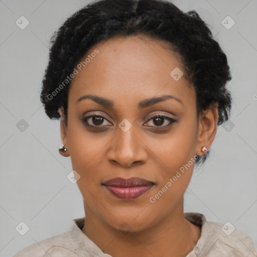 Joyful latino young-adult female with short  black hair and brown eyes