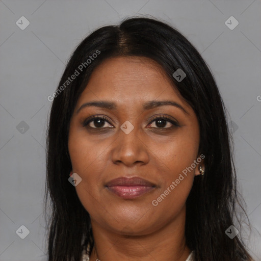 Joyful asian young-adult female with long  brown hair and brown eyes