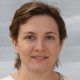 Joyful white adult female with short  brown hair and grey eyes