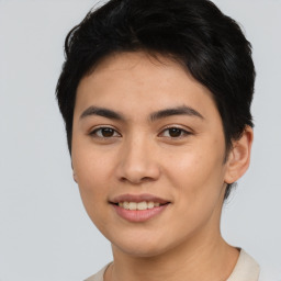 Joyful asian young-adult female with short  brown hair and brown eyes