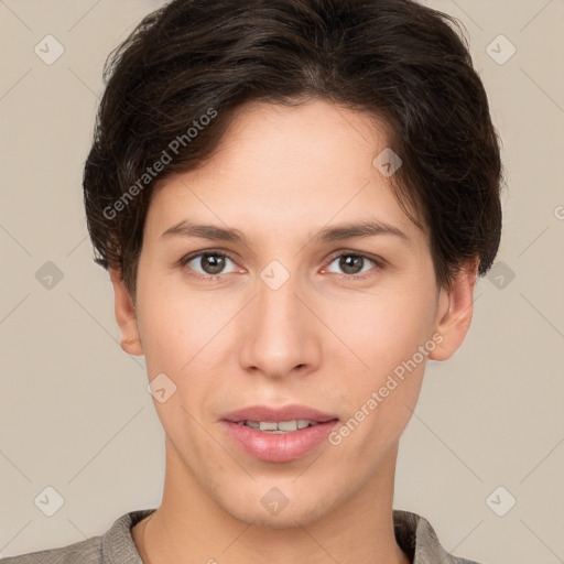 Joyful white young-adult female with short  brown hair and brown eyes