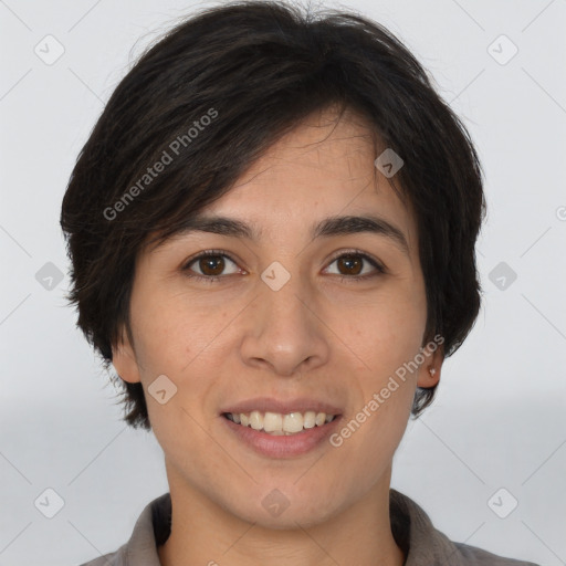 Joyful white young-adult female with short  brown hair and brown eyes