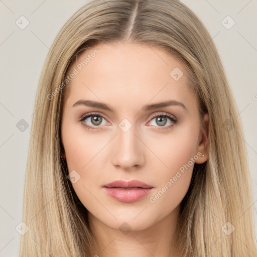 Neutral white young-adult female with long  brown hair and brown eyes