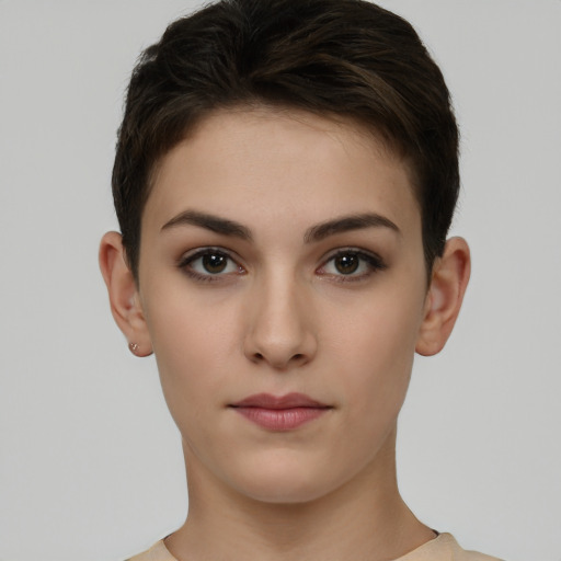 Neutral white young-adult female with short  brown hair and brown eyes