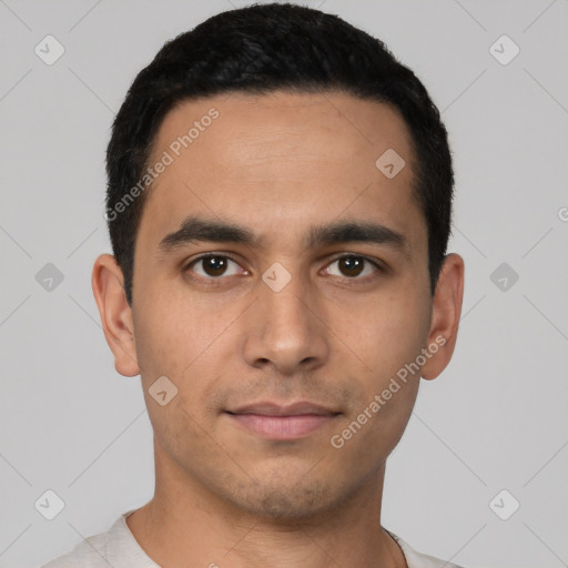 Neutral latino young-adult male with short  black hair and brown eyes