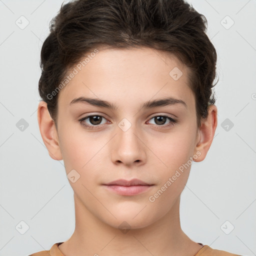 Neutral white young-adult female with short  brown hair and brown eyes