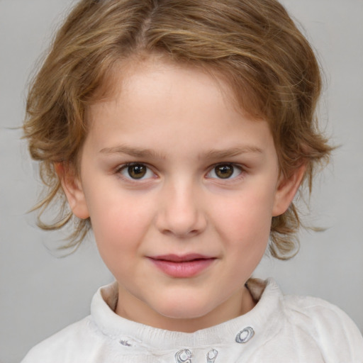 Joyful white child female with medium  brown hair and brown eyes