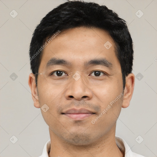 Neutral asian young-adult male with short  black hair and brown eyes