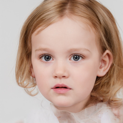 Neutral white child female with medium  brown hair and blue eyes