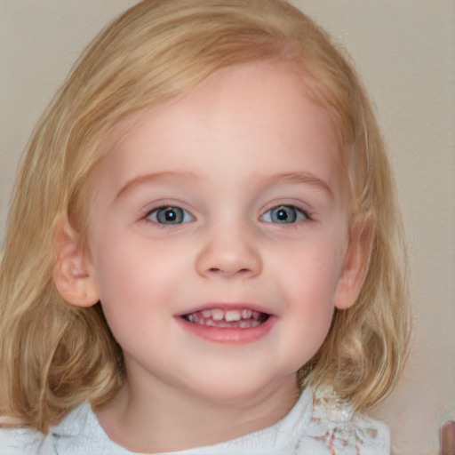 Joyful white child female with medium  brown hair and blue eyes