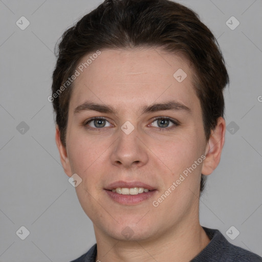 Joyful white young-adult female with short  brown hair and grey eyes