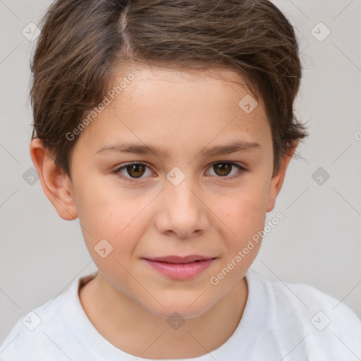 Joyful white child female with short  brown hair and brown eyes