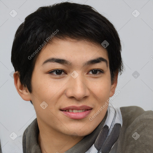 Joyful asian young-adult female with short  brown hair and brown eyes