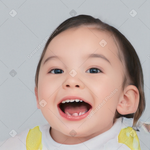 Joyful white child female with medium  brown hair and brown eyes