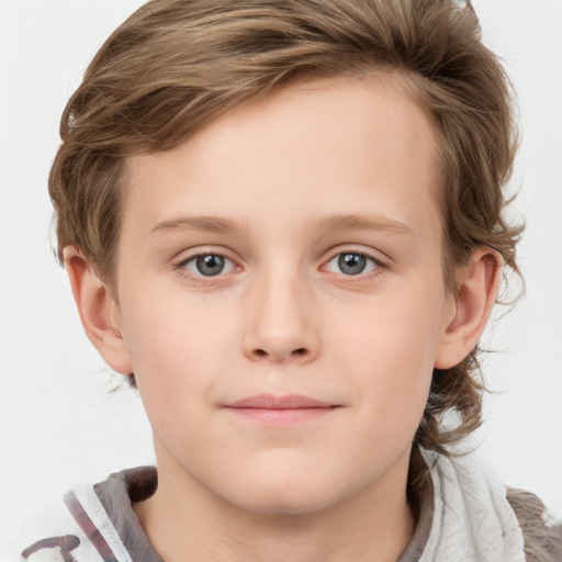 Joyful white child female with medium  brown hair and blue eyes