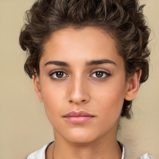 Neutral white young-adult female with medium  brown hair and brown eyes