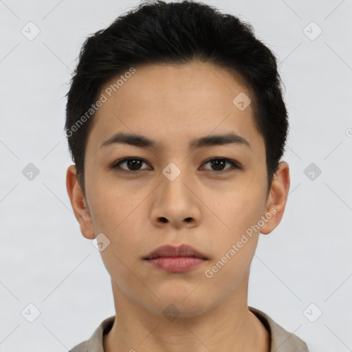 Neutral asian young-adult female with short  black hair and brown eyes