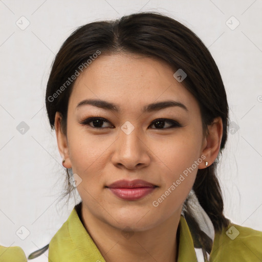 Joyful latino young-adult female with medium  brown hair and brown eyes