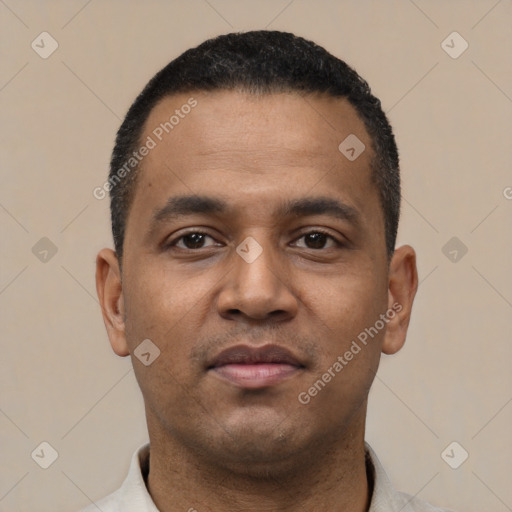 Neutral latino young-adult male with short  black hair and brown eyes