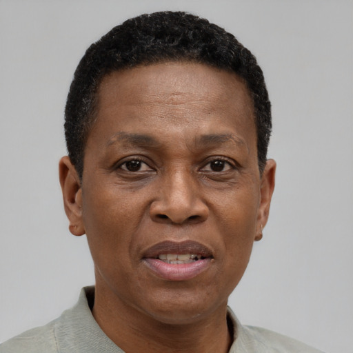 Joyful black adult female with short  brown hair and brown eyes